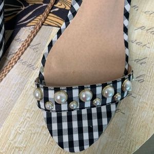 MADDEN GIRL black and white gingham print sandals with pearls across the toe.